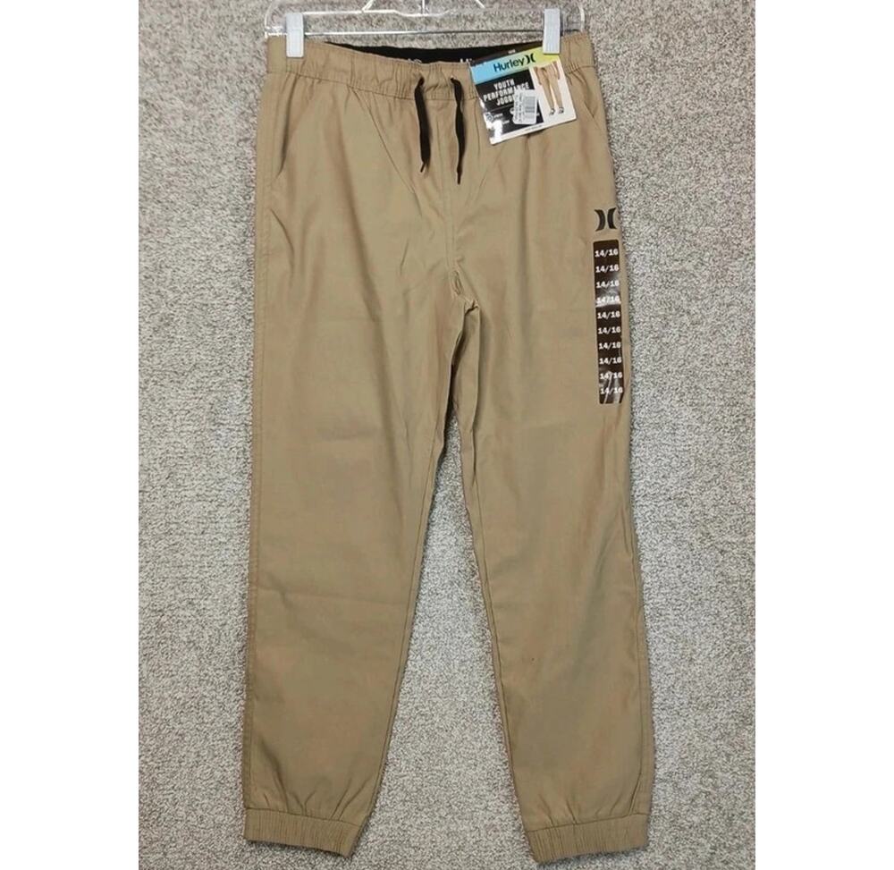 NWT Hurley Pants Youth 14-16 Khaki Beige Elastic Cuff Stretch Tapered Jogger XL